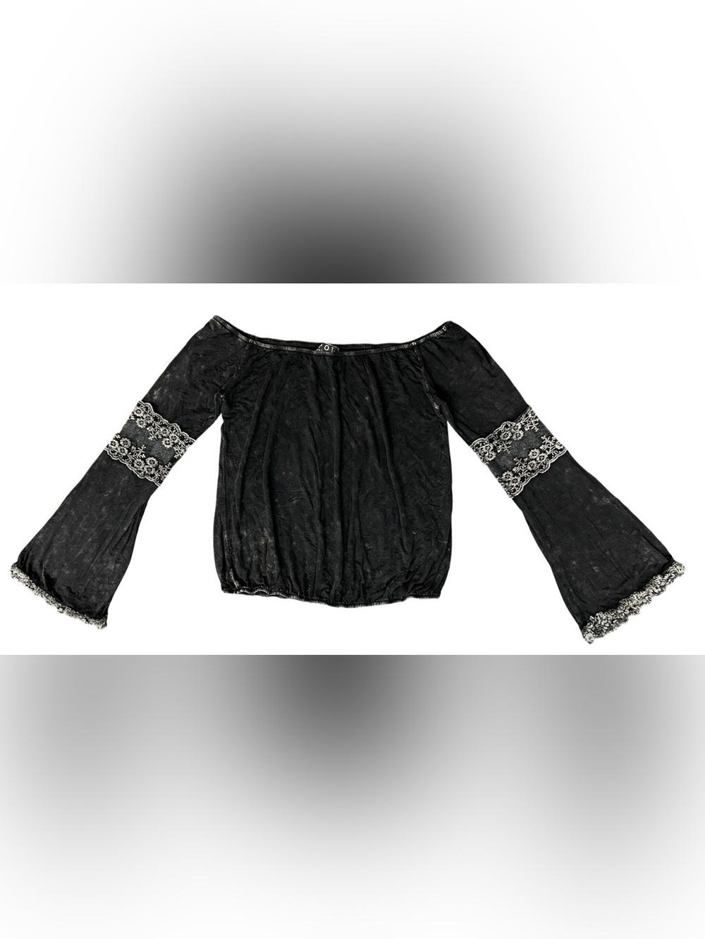 POL Off The Shoulder Black Acid Wash Lace Bell Sleeve Top Sz Small Baby Doll